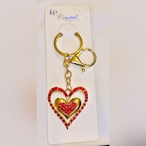 Gold & Red Rhinestone Heart in a Heart, Keychain & Purse Charm. NWT